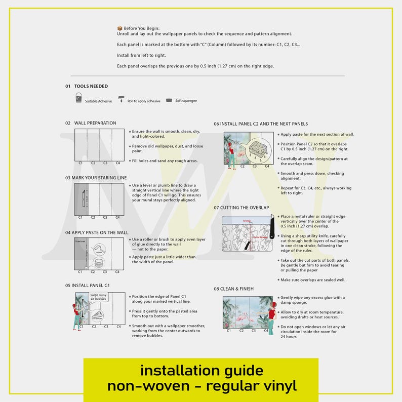 Pu&ograve; includere: Una guida all'installazione per carta da parati in vinile non tessuto. Il documento presenta otto passaggi numerati con testo e diagrammi che illustrano la preparazione della parete, la marcatura, l'incollaggio, l'installazione dei pannelli e la pulizia.
