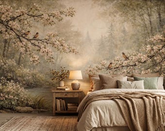 Mural de papel pintado floral vintage color crema, removible, autoadhesivo, con diseño romántico de jardín en flor.