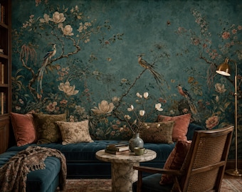 Papel pintado autoadhesivo con estampado floral y pájaros exóticos de estilo chinoiserie en tonos verde azulado vintage, mural de pared no tejido.