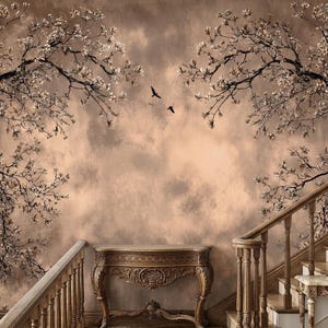 Beige Blossom Ceiling Wallpaper Mural Removable Peel And Stick Elegant Floral Tree Canopy Design