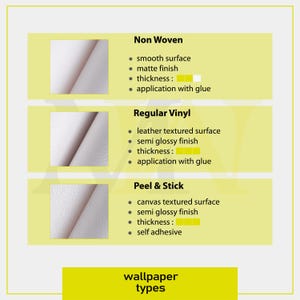 Pu&ograve; includere: Una tabella informativa intitolata wallpaper types confronta tre materiali. Il Non Woven presenta una superficie liscia opaca applicata con colla. Il Regular Vinyl ha una finitura semilucida con texture in pelle applicata con colla. Il Peel & Stick ha una finitura semilucida con texture in tela ed &egrave; autoadesivo.