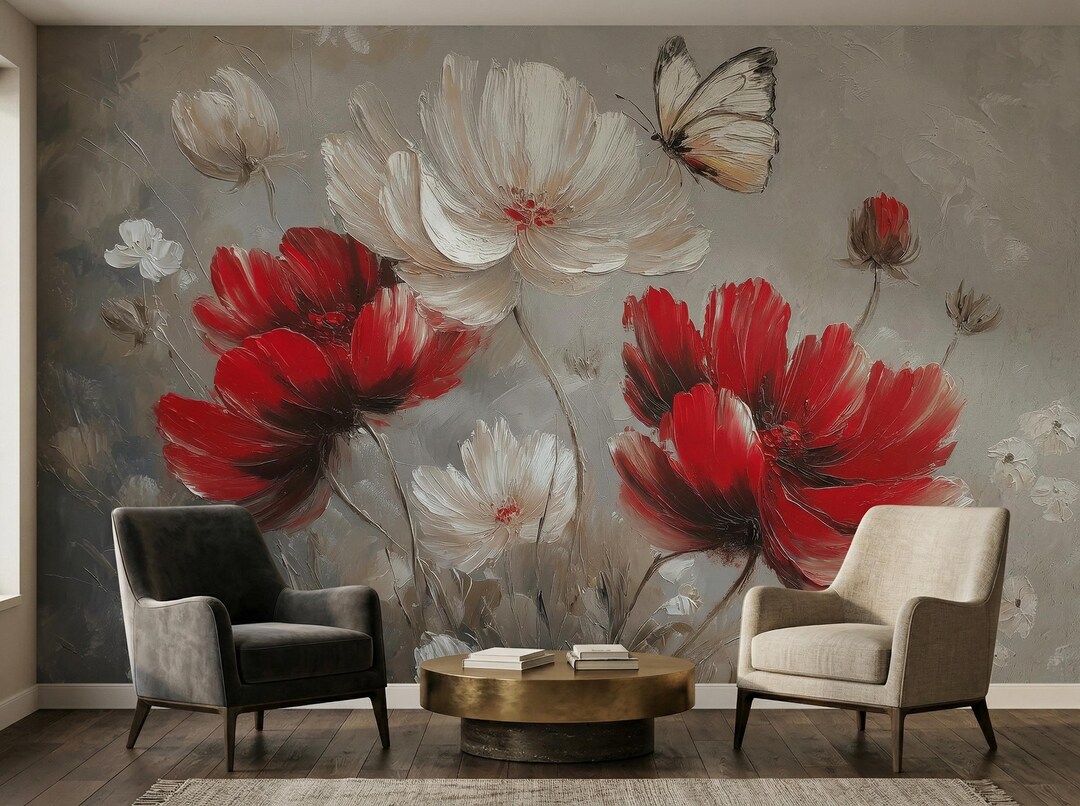 Romantic Floral Wallpaper Mural Removable Peel and Stick Vintage Red ...