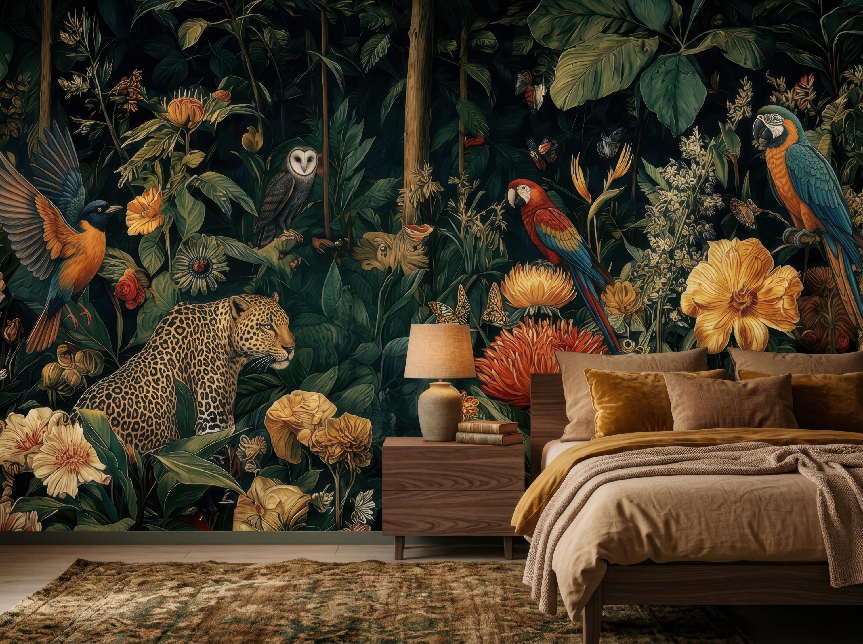 Tropical Jungle Wallpaper, Peel and Stick Mural, Dark Botanical Wall ...