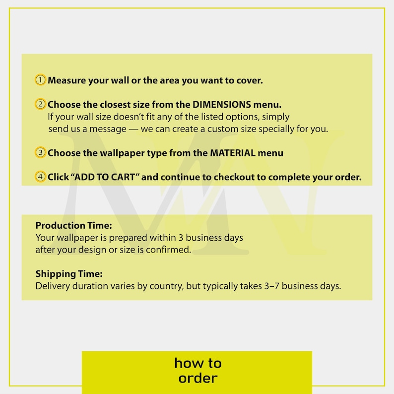 Pu&ograve; includere: Un grafico informativo giallo chiaro con testo nero intitolato how to order. Elenca quattro passaggi: misurare la parete, scegliere la dimensione dal menu DIMENSIONS, selezionare il tipo di carta da parati dal menu MATERIAL e cliccare su ADD TO CART.