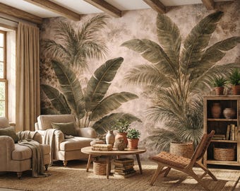 Carta da parati murale rimovibile autoadesiva con foglie tropicali beige e design botanico a palma.