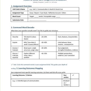 Op de afbeelding: Een wit document getiteld "Health & Social Care Assignment Breakdown" met secties voor overzicht van de opdracht, commandowoorddecoder en in kaart brengen van leerresultaten. Bevat bewerkbare velden en instructies.