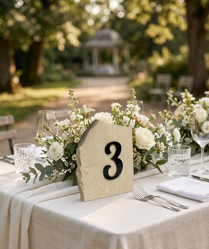 Beige stone wedding table number sign with black “3” displayed on an elegant outdoor reception table, surrounded by white floral arrangements, greenery, glassware, and soft natural sunlight in a garden setting.