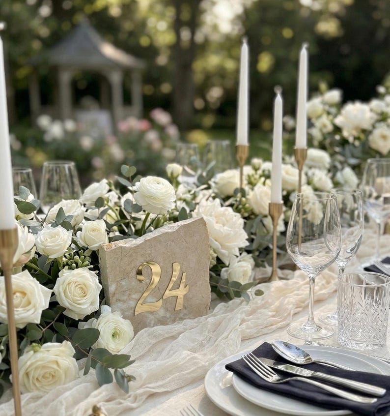 Stone wedding table number sign with gold acrylic number, marble table decor for wedding reception, elegant reception styling