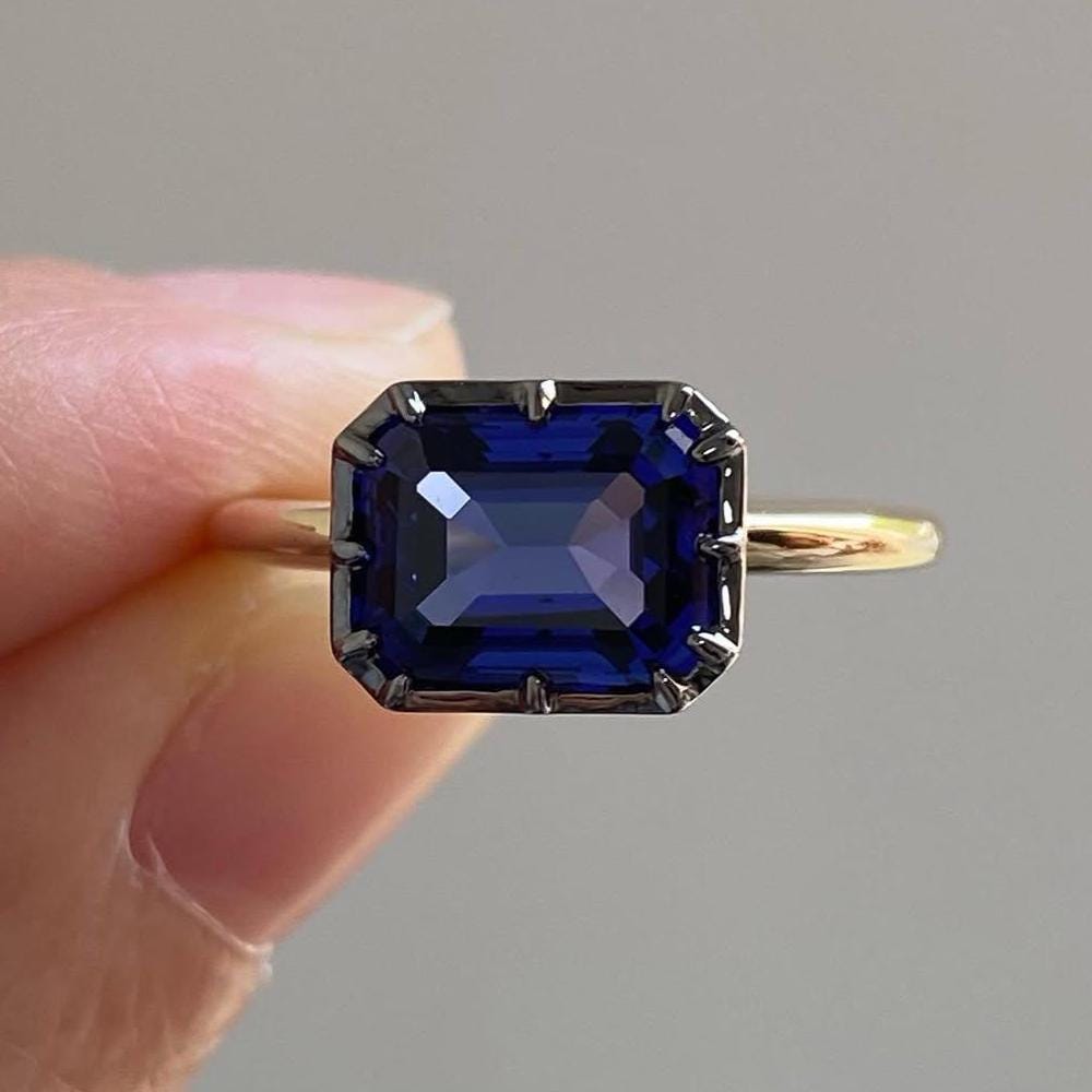 2 CT East West Blue Sapphire Emerald Cut Georgian Down Button Back Ring ...