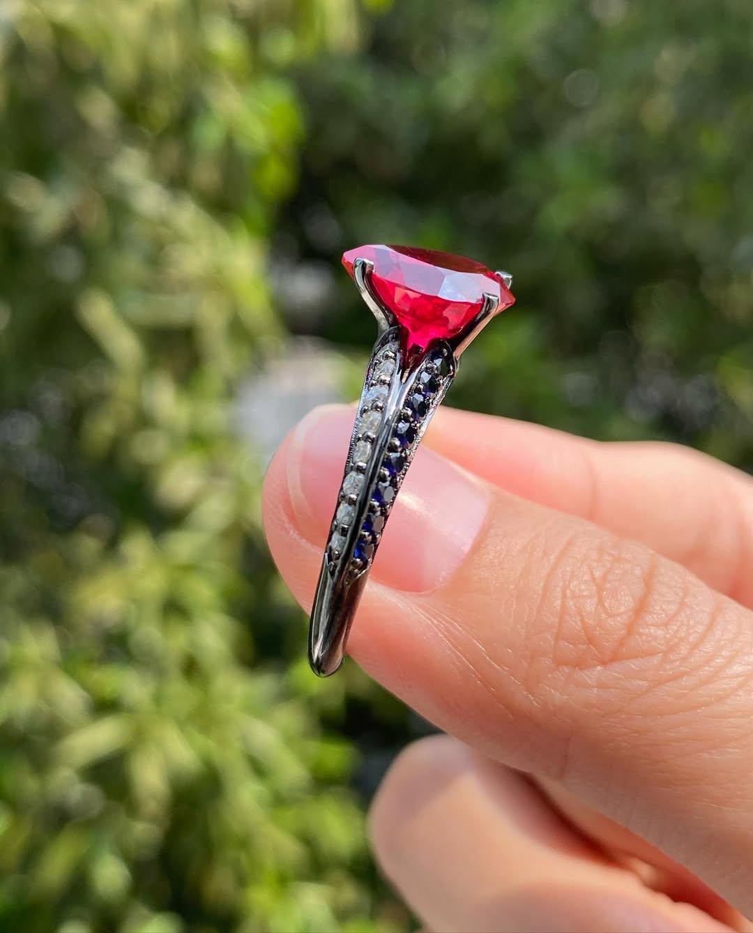Gothic Pear Cut Red Ruby Engagement Ring in Split Shank Rhodium Black ...