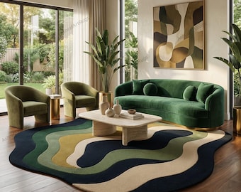 Abstract Wavy Tufted Area Rug,Retro Carpet, Earth Tone Scalloped Rug for Living Room