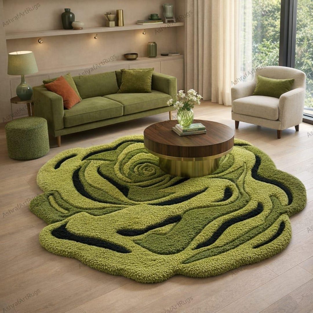Green Roses Rug Handmade Moss Green Rose Rug: 3D Tufted Floral Floor Art - Etsy