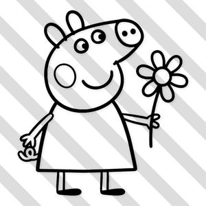 Op de afbeelding: Zwart-wit cartoonillustratie van een varken dat een bloem vasthoudt. Het varken draagt een jurk en heeft een lachend gezicht. De achtergrond heeft diagonale grijze en witte strepen.