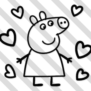 May include: A black and white cartoon illustration of a pig with a smiling face, wearing a dress, and surrounded by hearts. The background features diagonal gray and white stripes.
