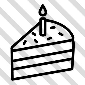 May include: A black and white line drawing of a slice of cake with a lit candle on top. The cake has three layers and is decorated with sprinkles. The background has diagonal stripes.