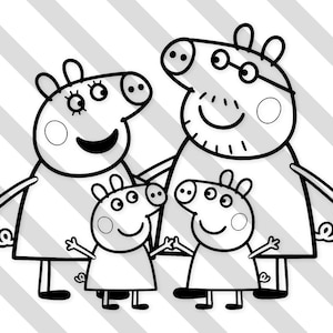 May include: A black and white cartoon illustration of a pig family. The image shows a mother, father, and two children. The characters are drawn in a simple style, set against a striped background.