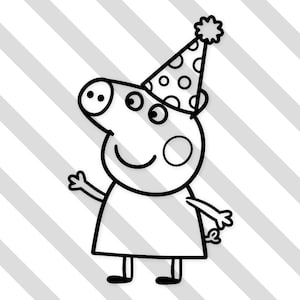 May include: A black and white cartoon pig wearing a party hat with polka dots. The pig is smiling and has its arms outstretched. The background features diagonal grey and white stripes.