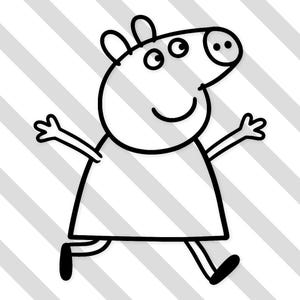 Pode incluir: Ilustração de desenho animado em preto e branco de um porco com um rosto sorridente, braços estendidos e pernas em movimento. O porco está usando um vestido simples e tem orelhas pequenas. O fundo apresenta listras diagonais cinza e brancas.