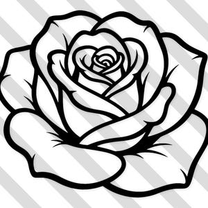 Puede incluir: Dibujo lineal en blanco y negro de una rosa. La rosa está en plena floración, con pétalos detallados y contornos oscuros. El fondo presenta rayas diagonales grises y blancas, creando un diseño floral simple pero elegante.