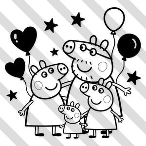 Puede incluir: Una ilustración de arte lineal en blanco y negro que muestra a una familia de cuatro cerdos de pie juntos. El diseño incluye dos globos en forma de corazón, un globo redondo y varias estrellas de cinco puntas que rodean a los personajes. Las figuras tienen contornos simples, ojos circulares y expresiones sonrientes, presentadas en un estilo gráfico limpio adecuado para diversos proyectos creativos.