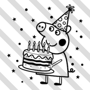 May include: A monochrome illustration of a pig character wearing a party hat and holding a birthday cake with five lit candles. The background features a striped pattern with stars and dots.