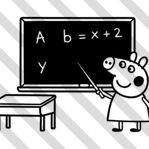 Puede incluir: Ilustración en blanco y negro de un personaje de cerdo de dibujos animados que señala una pizarra con ecuaciones matemáticas. Una pequeña mesa está en primer plano. La pizarra dice "A b=x+2 y".
