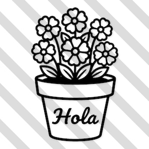 Può includere: Illustrazione in bianco e nero di una pianta in vaso con sei fiori. I fiori hanno petali a forma di cuore. Sul vaso c'è la scritta "Hola".