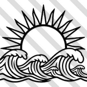 May include: Black and white graphic of a sun rising over ocean waves. The sun is a large circle with pointed rays. The waves are stylized with curved lines, creating a dynamic, nautical design.