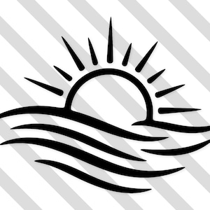 May include: Black and white graphic of a sunrise over the ocean. The sun is a half-circle with pointed rays extending upwards. Below the sun are three curved lines representing waves. The background has diagonal stripes.