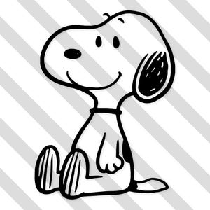 May include: Black and white cartoon illustration of Snoopy, the beloved beagle from the Peanuts comic strip. Snoopy is sitting with his legs crossed, smiling, and wearing a black collar. The background features diagonal gray and white stripes.