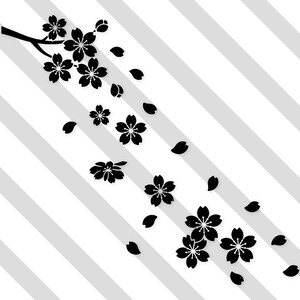 May include: Black and white illustration of a cherry blossom branch with flowers and falling petals. The design is set against a diagonal striped background, creating a simple yet elegant aesthetic.