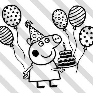 Op de afbeelding: Zwart-wit illustratie van een cartoonvarken met een feesthoedje en een verjaardagstaart. Verschillende ballonnen met stippen en strepen zweven op de achtergrond, wat een feestelijke scène creëert.