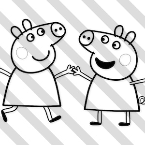 Puede incluir: Ilustración en blanco y negro de dos cerdos de dibujos animados tomados de la mano. Los cerdos tienen hocicos grandes, mejillas redondas y visten vestidos sencillos. El fondo presenta rayas diagonales grises y blancas.