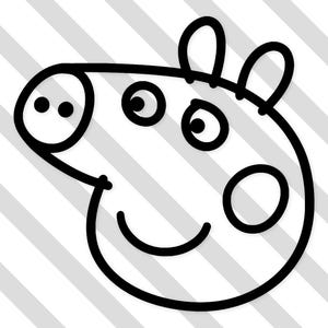 Könnte beinhalten: Schwarz-weiße Strichzeichnung eines Schweinekopfes. Das Schwein hat eine abgerundete Schnauze mit zwei Punkten, zwei kreisförmigen Augen und einem lächelnden Mund. Es hat zwei gebogene Ohren und einen großen Wangenkreis. Der Hintergrund hat diagonale graue und weiße Streifen.