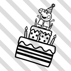 Op de afbeelding: Zwart-wit illustratie van een verjaardagstaart met twee lagen en brandende kaarsen. Een cartoonvarken met een feesthoedje staat bovenop de taart. De taart heeft een gestreept en gestippeld ontwerp.