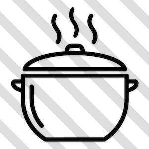 Puede incluir: Un dibujo lineal en blanco y negro de una olla con tapa y dos asas. El vapor se eleva de la olla, lo que indica que está caliente. La olla está sobre un fondo a rayas diagonales.