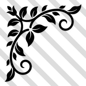 Puede incluir: Diseño de esquina floral negra con hojas y espirales sobre un fondo a rayas diagonales. La ilustración botánica presenta una vid estilizada con hojas detalladas y curvas elegantes.