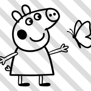 Könnte beinhalten: Schwarz-weiße Cartoon-Illustration eines Schweins, das sich nach einem Schmetterling ausstreckt. Das Schwein lächelt. Der Hintergrund hat diagonale Streifen.
