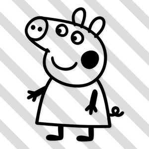 May include: A black and white cartoon pig illustration with a smiling face, small arms, and legs. The pig has a large snout and a curly tail. The background has diagonal grey and white stripes.