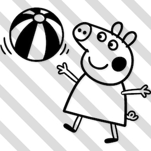 Może przedstawiać: Czarno-biała ilustracja kreskówkowa świni bawiącej się piłką plażową. Świnia uśmiecha się i ma wyciągnięte ramiona, jakby łapała piłkę. Piłka ma czarno-białe paski.