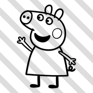 Könnte beinhalten: Schwarz-weiße Cartoon-Illustration eines winkenden Schweinecharakters. Das Schwein hat eine große Schnauze, runde Augen und einen lächelnden Mund. Es trägt ein einfaches Kleid und hat einen Ringelschwanz. Der Hintergrund zeigt diagonale graue und weiße Streifen.