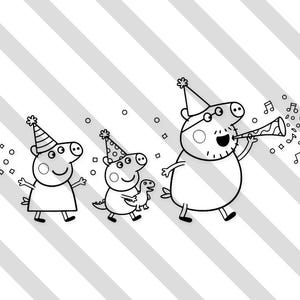 Puede incluir: Una ilustración de arte lineal en blanco y negro que muestra a tres personajes de cerdo con sombreros de fiesta. Los personajes celebran con confeti y notas musicales. Un personaje sostiene un juguete de dinosaurio y otro sopla un matasuegras.