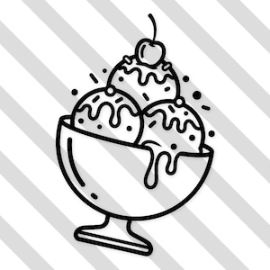 May include: Black and white line art illustration of an ice cream sundae. The sundae features three scoops of ice cream with drizzles, sprinkles, and a cherry on top, served in a stemmed bowl.