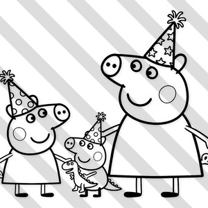 Puede incluir: Ilustración en blanco y negro de tres cerdos de dibujos animados con sombreros de fiesta. Un cerdo sostiene a un cerdo más pequeño disfrazado de dinosaurio. El fondo tiene rayas diagonales grises y blancas.