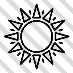 Op de afbeelding: Een zwart-wit lijntekening van een zon. De zon heeft een cirkelvormig midden met driehoekige stralen die naar buiten uitsteken. De achtergrond heeft diagonale grijze en witte strepen.