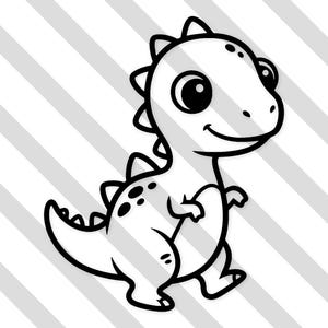 May include: A black and white cartoon illustration of a friendly dinosaur. The dinosaur has large eyes, a smiling mouth, and a row of spikes along its back. The background features diagonal gray and white stripes.