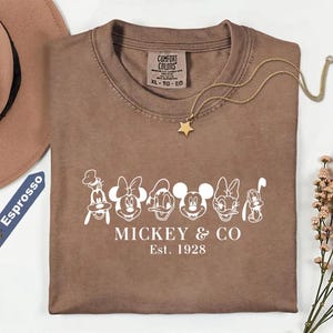 May include: Brown t-shirt featuring white cartoon character faces and the text "Mickey & Co. Est. 1928". A gold star pendant necklace and a brown hat are also visible. The shirt is a Comfort Colors brand.