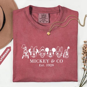 May include: Crimson red t-shirt featuring white cartoon character faces and the text "Mickey & Co. Est. 1928". A gold star pendant necklace and a brown hat are also visible. The shirt is folded.