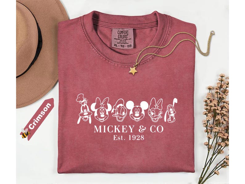 May include: Crimson red t-shirt featuring white cartoon character faces and the text "Mickey & Co. Est. 1928". A gold star pendant necklace and a brown hat are also visible. The shirt is folded.