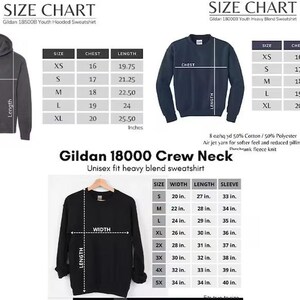 The image is a size chart for a Gildan 18000 Crew Neck unisex fit heavy blend sweater. It includes measurements for chest, waist, hips, shoulders, arms, and legs, along with corresponding sleeve and neck measurements. The chart also provides a range of sizes for the crew neck and sleeve, as well as a range of sizes for the hips and shoulders. The image is a collage of three images, each depicting a different part of the crew neck and sleeve measurements.